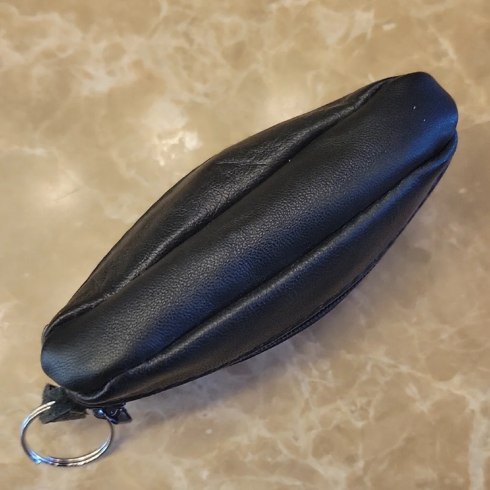 Black Compact Change Purse with Zippered Closure and Keyring